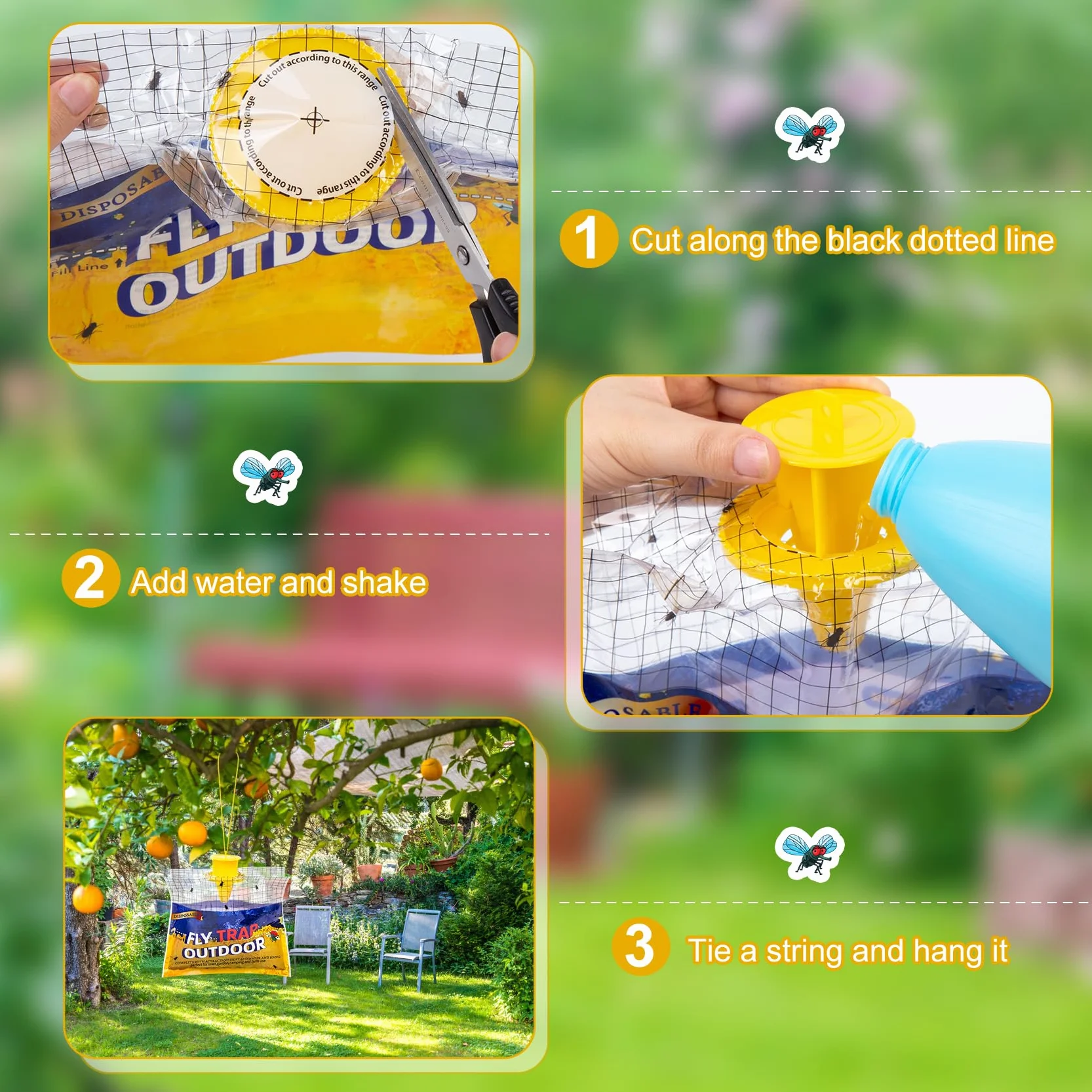 4 Pezzi Trappole per Mosche, Trappola Mosche da Esterno Appendere, Antimosche Detersivo per Uccidere le Mosche per Giardino Cucina Casa