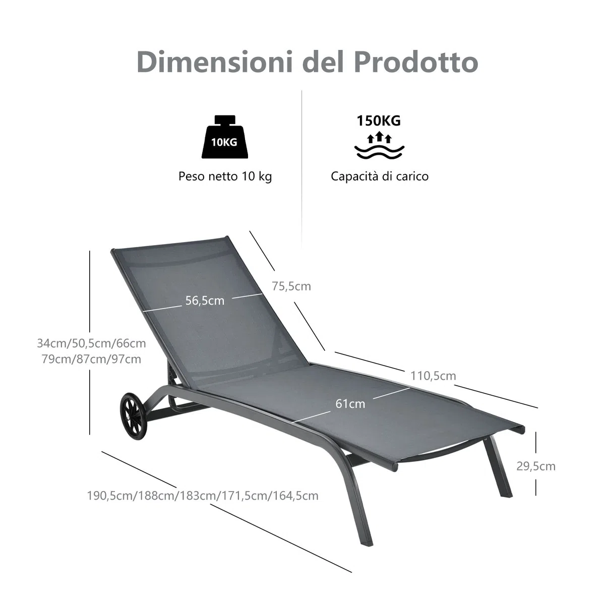 COSTWAY Lettino Prendisole con Ruote, Sdraio da Giardino Regolabile in 6 Posizioni, Struttura Metallica e Tessuto Traspirante, per Giardino, Piscina e Spiaggia, Portata 150 kg (1, Grigio)