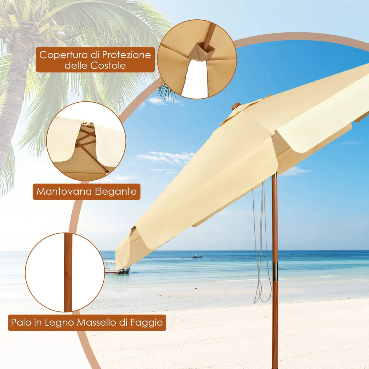 RELAX4LIFE Ombrellone da Giardino 3 x 3 M Rotondo, Ombrellone da Esterno con Tela Impermeabile e Anti-Sole, Struttura in Legno, Altezza e Inclinazione Regolabile (Beige)