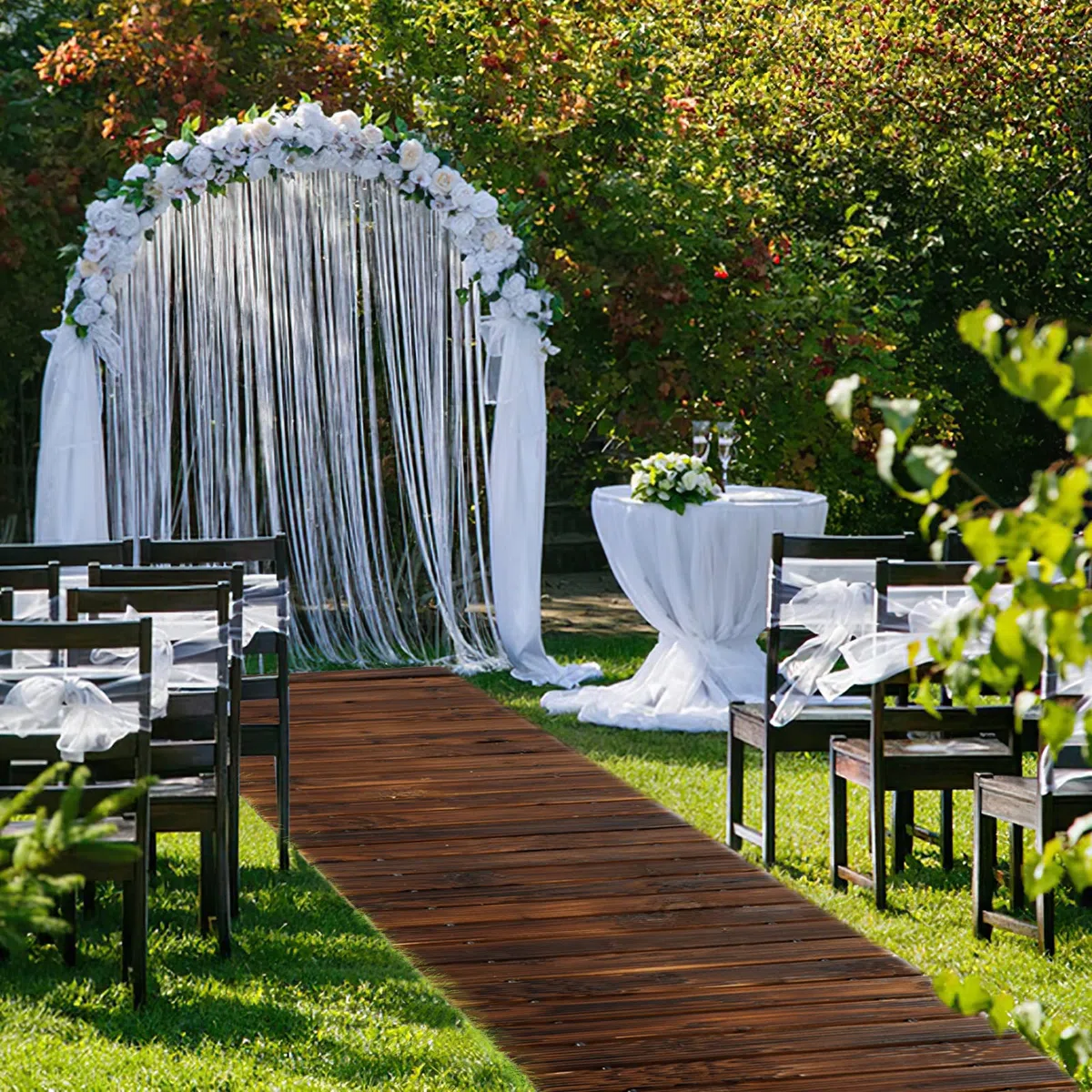 Icoget Sentiero da giardino in legno, 2,4 m, resistente alle intemperie, passerella all'aperto con superficie antiscivolo, sentiero rustico per terrazza, spiaggia, festa di matrimonio (dritto)