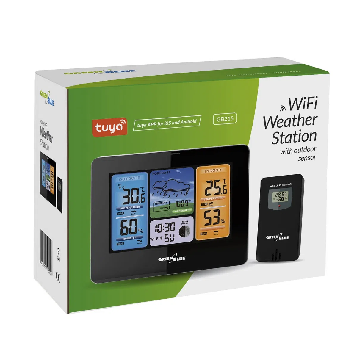 GreenBlue GB215 - Stazione meteo WiFi con app Tuya, sensore esterno wireless, display a colori, barometro, igrometro, previsioni meteo, calendario e fase lunare, IPX4, adattatore e batterie AA incluse