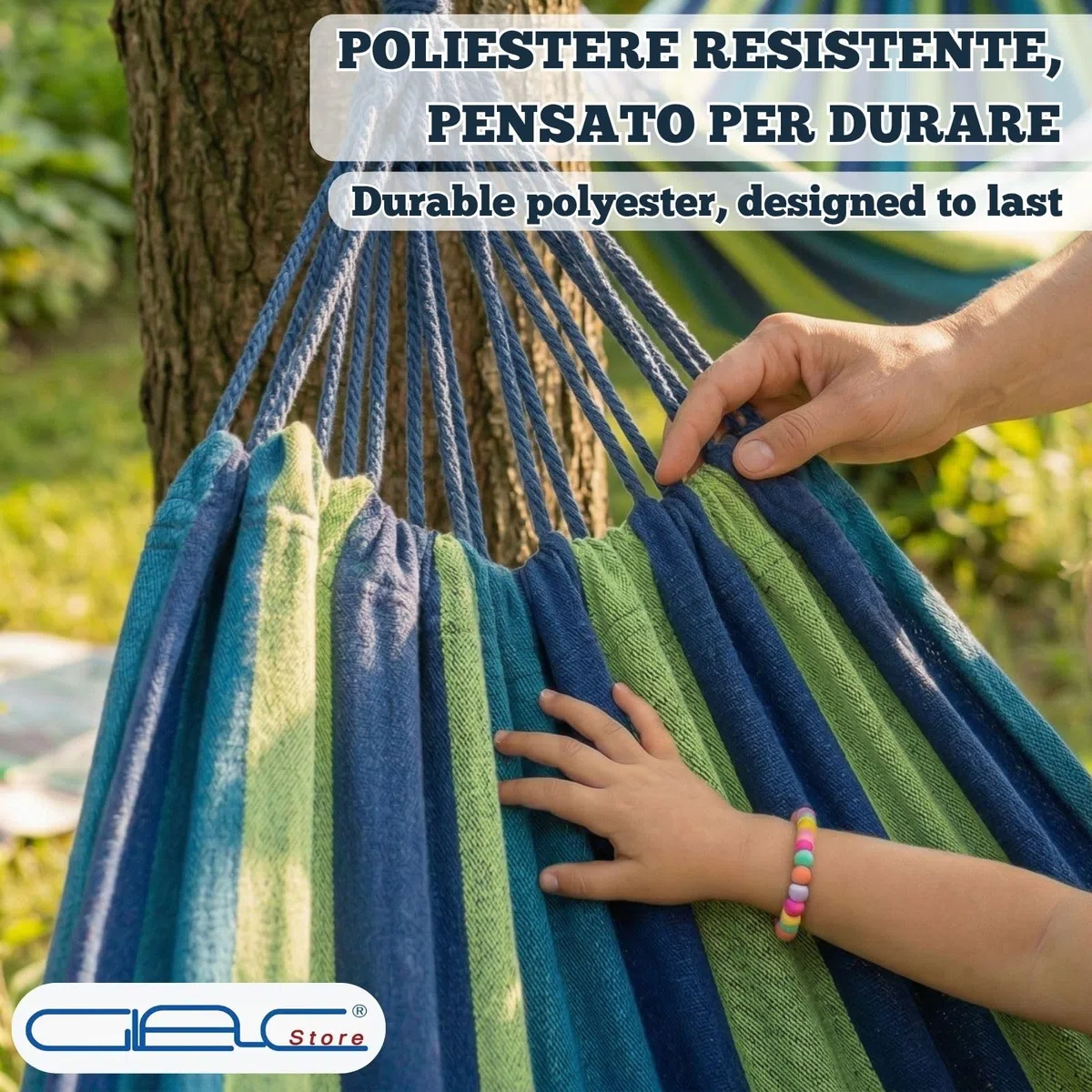 Amaca in Poliestere, 200 x 100 cm, Portata 150 kg, Leggera 800 g, con Corde, per Giardino, Campeggio, Spiaggia (Blu)