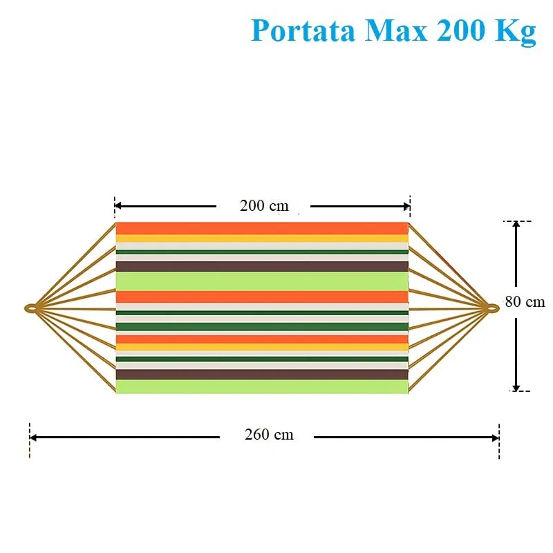 Virsus Amaca da giardino a righe colorate 8622, misura 200x80 cm, portata fino 200 Kg, borsa per il trasporto, tela letto grande oscillante per relax all'aperto, campeggio, giardino, spiaggia