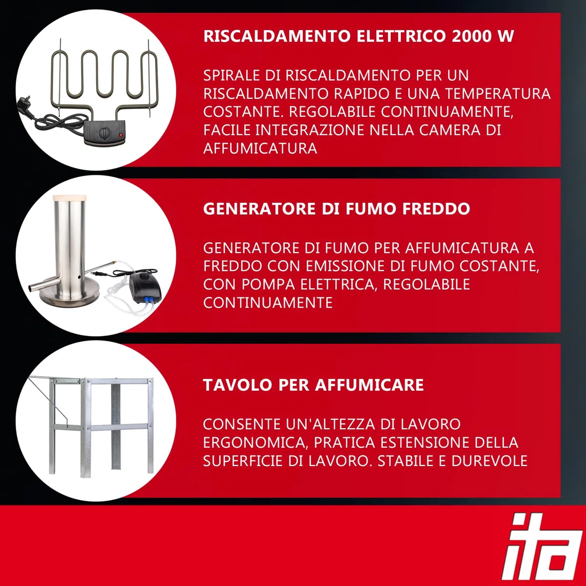 ITA Fumoir Électrique 7002 - Set Affumicatore con Riscaldamento, Tavolo, Generatore di Fumo - Armadio per Affumicatura con Finestra e Termometro - Acciaio Inox - Qualità UE - 81 cm con 3 Livelli