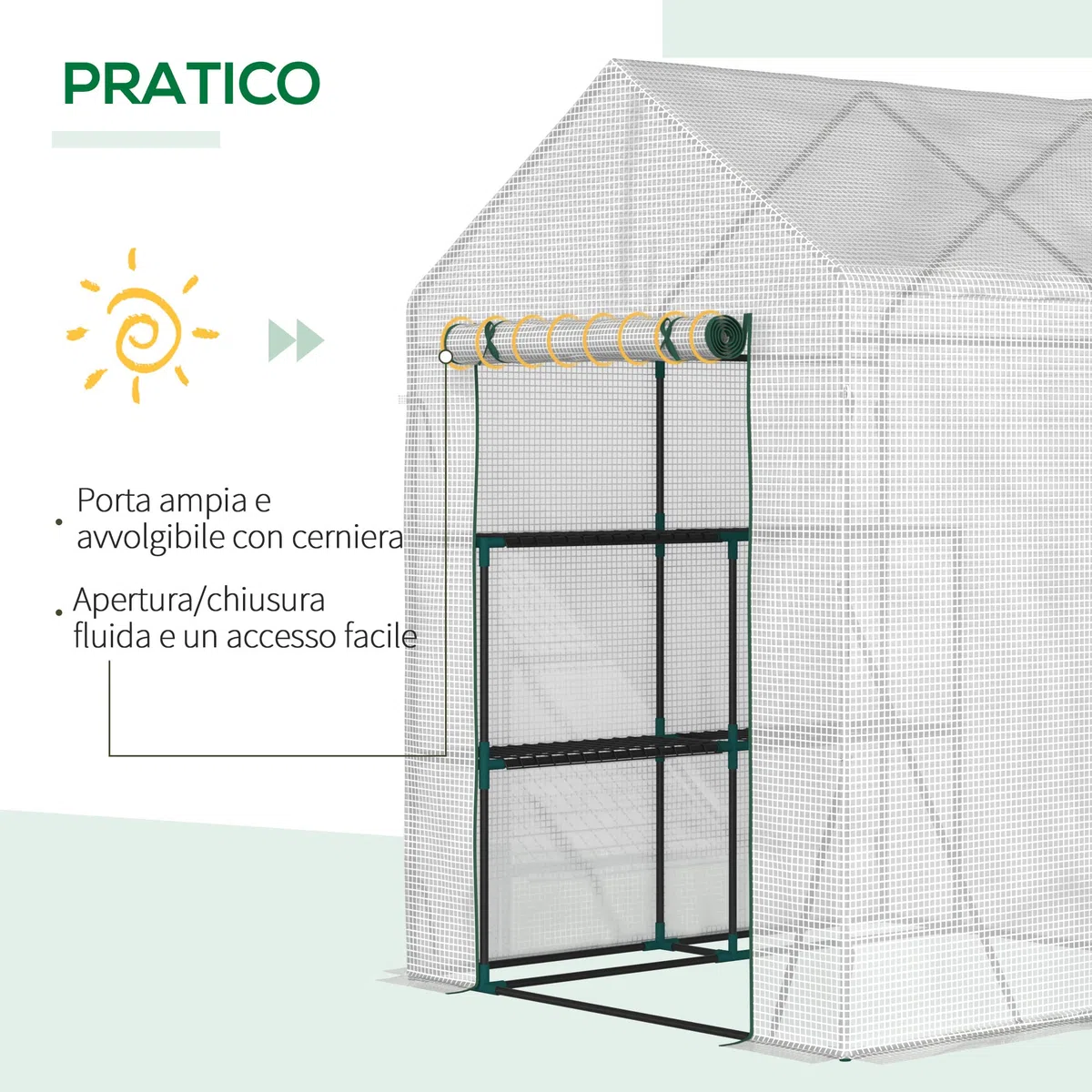 Outsunny Serra da Giardino in Acciaio e Copertura PE, Serra da Balcone per Piante con 2 Scaffali e Porta Avvolgibile, 143x143x195cm, Bianco