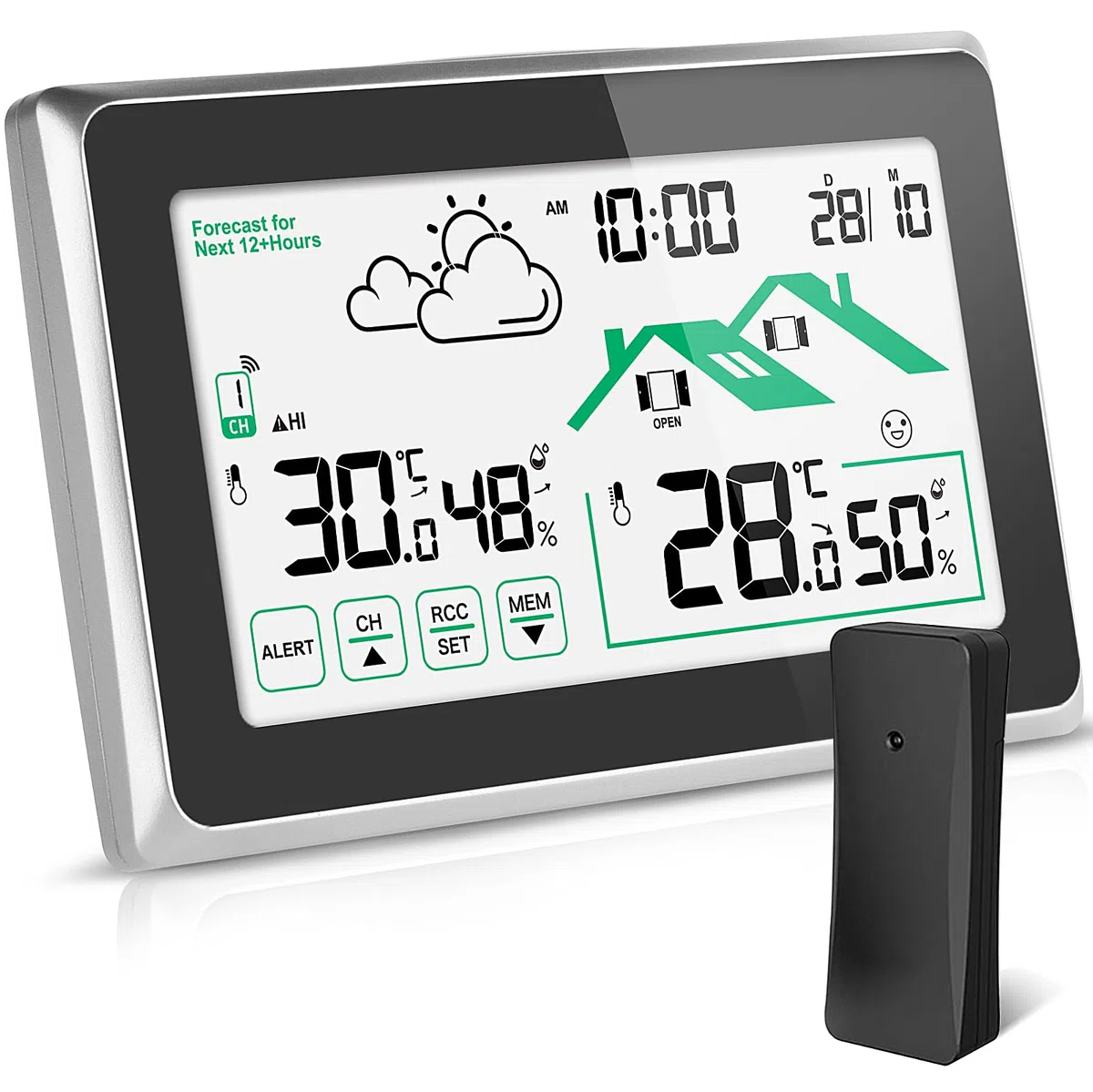 Stazione Meteo con Sensore Esterno, Termometro Digitale Igrometro per Interni ed Esterni, Schermo LCD con Retroilluminazione 12/24 ore Previsioni Meteo Automatiche per Ufficio Casa Camera da Letto