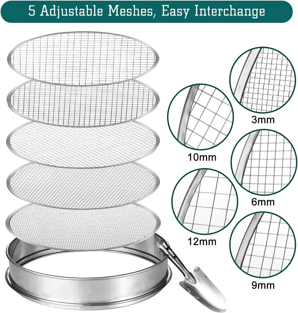 Set di Setaglio da Giardino Rotondo 30cm in Acciaio Inox con 5 Setacci Intercambiabili di 3/6/9/10/12mm, Attrezzi da Giardino per Setacciare Terreni, Semi, Pietre e Compost, Comprese Pale