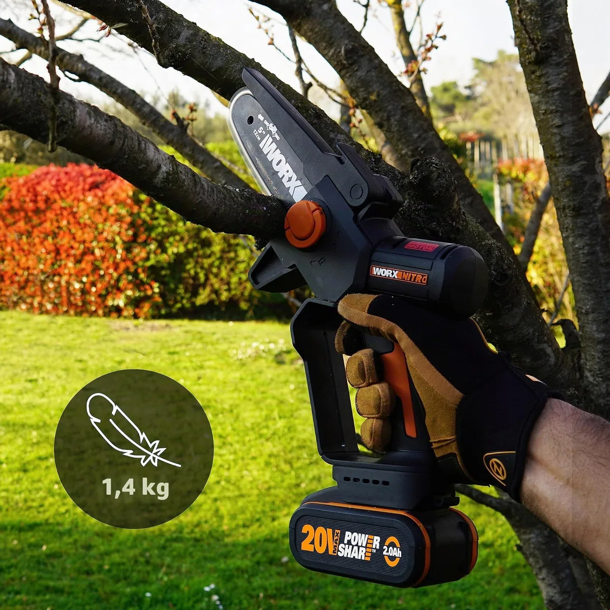 WORX Nitro WG325E Mini Motosega potatore a batteria, Motore Brushless, lubrificazione automatica, leggera e compatta, Motosega Elettrica, PowerShare 20V, con batteria e caricabatterie