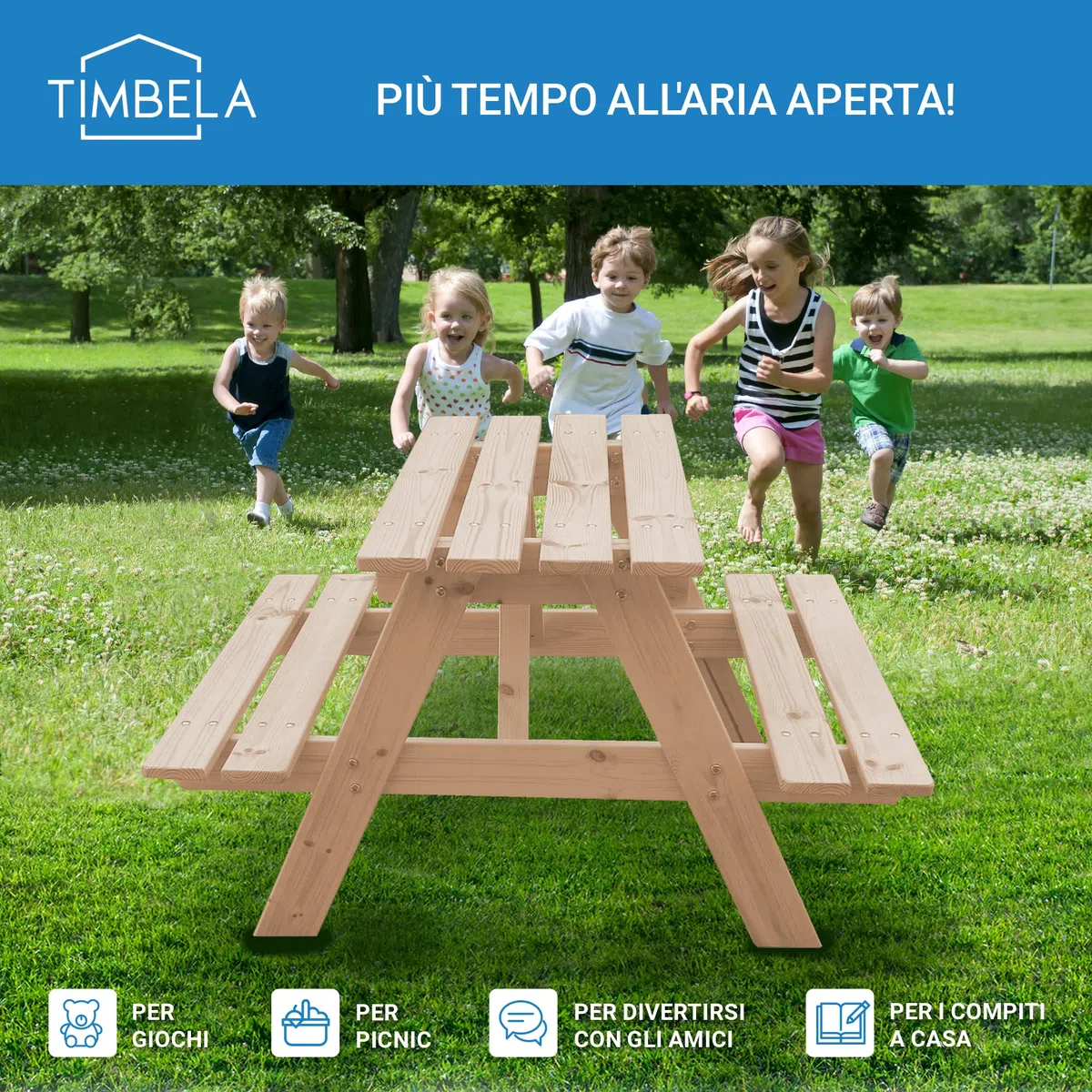 TIMBELA Tavolo da picnic per bambini in legno L90xL90xA50 cm -Gruppo Tavolo con panche M018-1