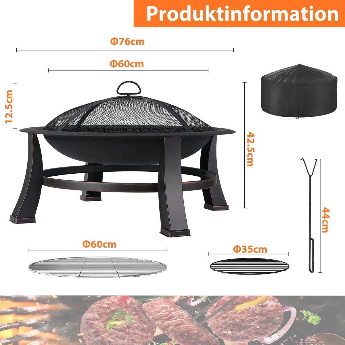 Bracieri da Giardino, Ø 76 cm Braciere con Griglia, Braciere con Parascintille y Copertura Impermeabile 600D, Braciere da Esterno, Braciere Barbecue, Grande Bracere Multifunzionale, Fire Pit, Nero