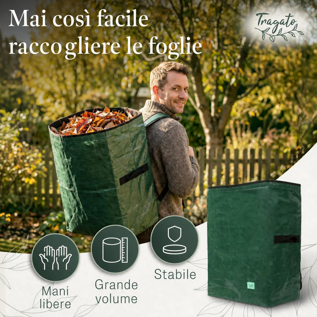 Sacco per Rifiuti da Giardino 115 L – Mani Libere, Autoportante | Mani libere col sistema di trasporto a zaino imbottito | 115 L | autoportante e riutilizzabile | tessuto PP resistente