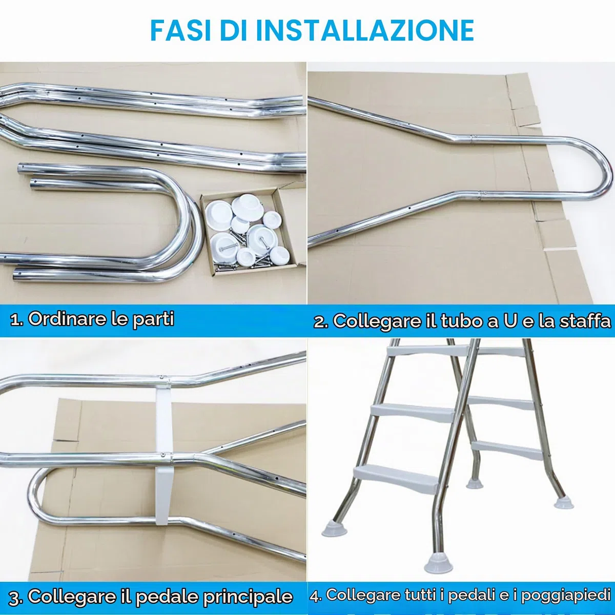 BOTOWI 135cm Scala per Piscina Fuori Terra Carico 250kg, Scala per Piscina a Due Lati per Piscina Fuori Terra, Scala per Piscina 4 Gradini Acciaio Inox Spesso 304, Gradino per Piscina Antiscivolo