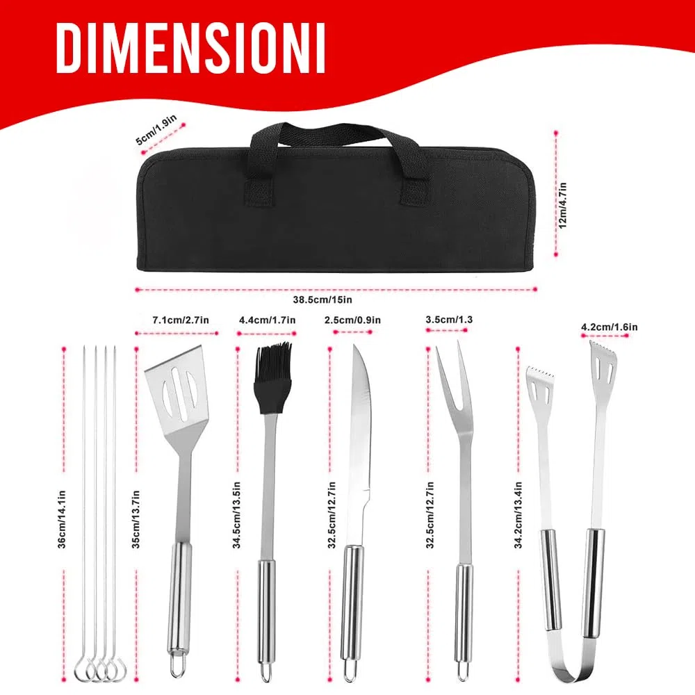 Set 9 Pezzi Utensili Barbecue Professionali in Acciaio Inox | Kit Accessori BBQ Completo, Con Custodia, Per Griglia, Camino, Forno, Grigliate da Giardino