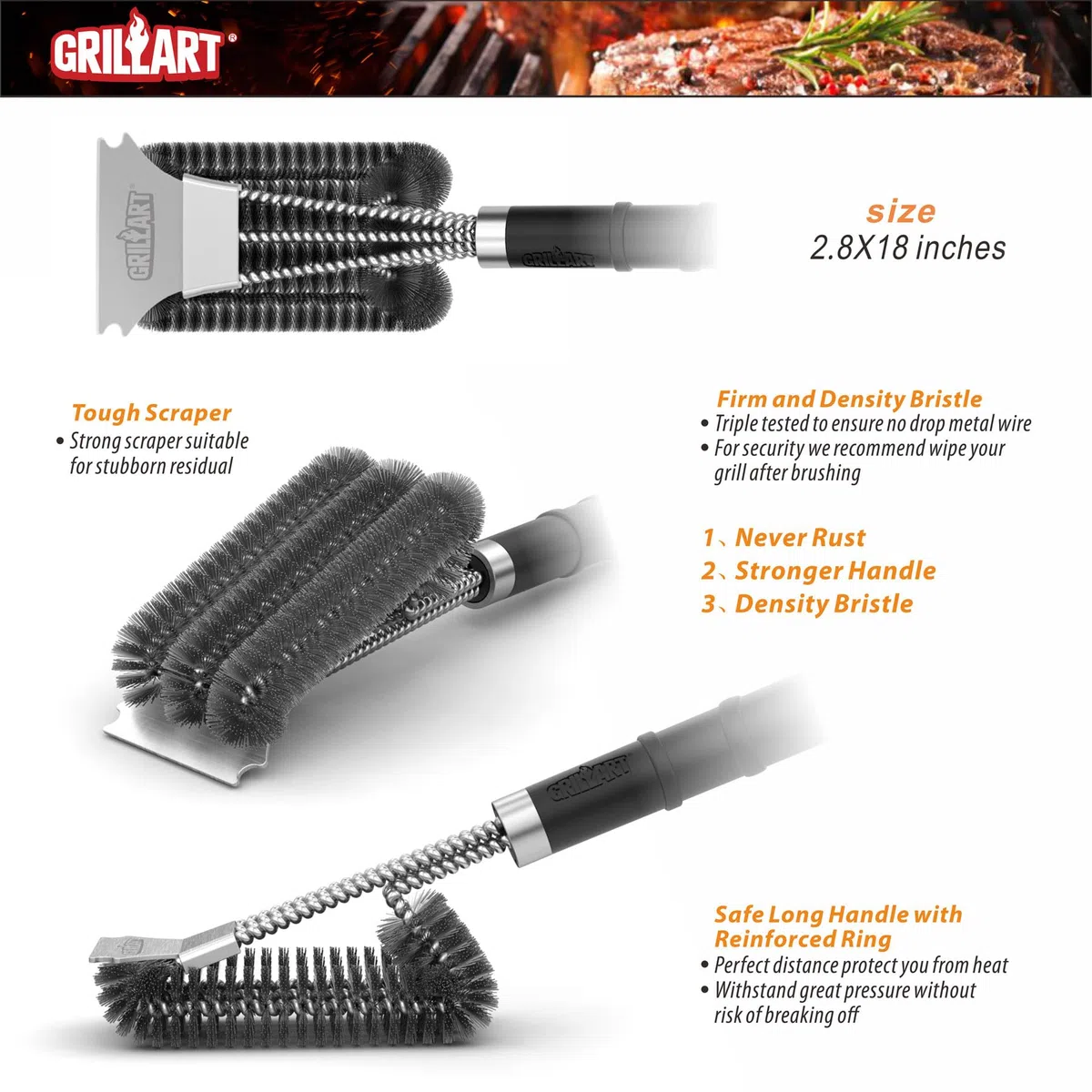 GRILLART BR-8529 BR-8529 - Spazzola per griglia e raschietto con manico Deluxe, spazzola per la pulizia della griglia della griglia del barbecue e della griglia del carbone a raggi infrarossi, per