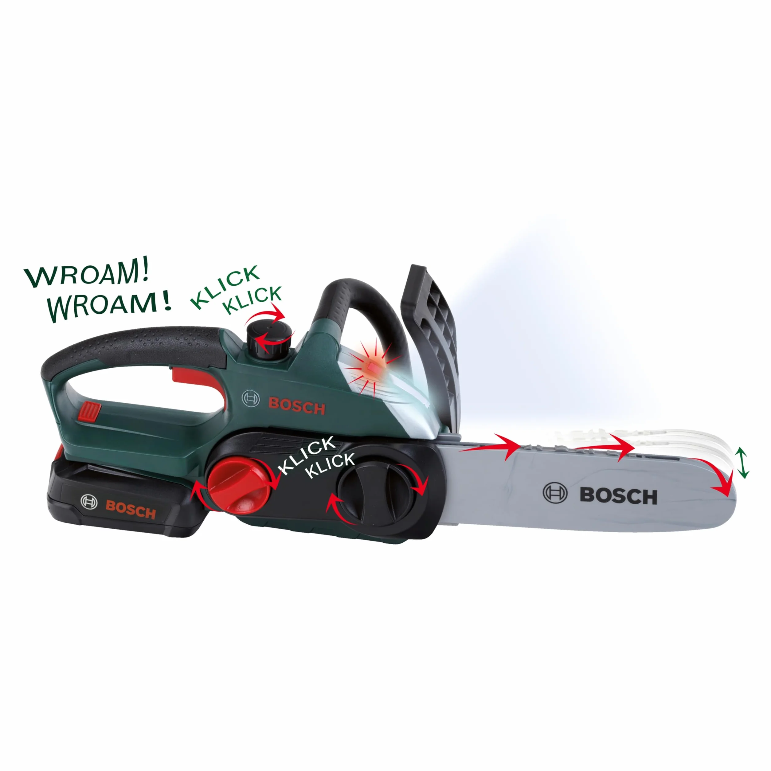 Theo Klein 8399 Motosega Bosch, Riproduzione Fedele all'originale e a Misura di Bambino, Sega a batterie con Effetti sonori e Luminosi, Giocattolo per Bambini a Partire dai 3 Anni di età