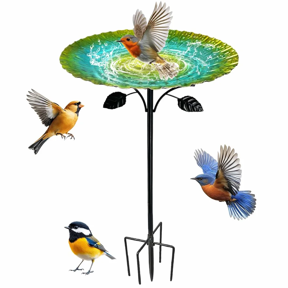 Abbeveratoio per uccelli in piedi, 85 cm, resistente all'inverno, per uccelli con forte base a 5 punti, grande ghisa, bagno per uccelli da giardino, in metallo antigelo retrò, verde, facile da pulire