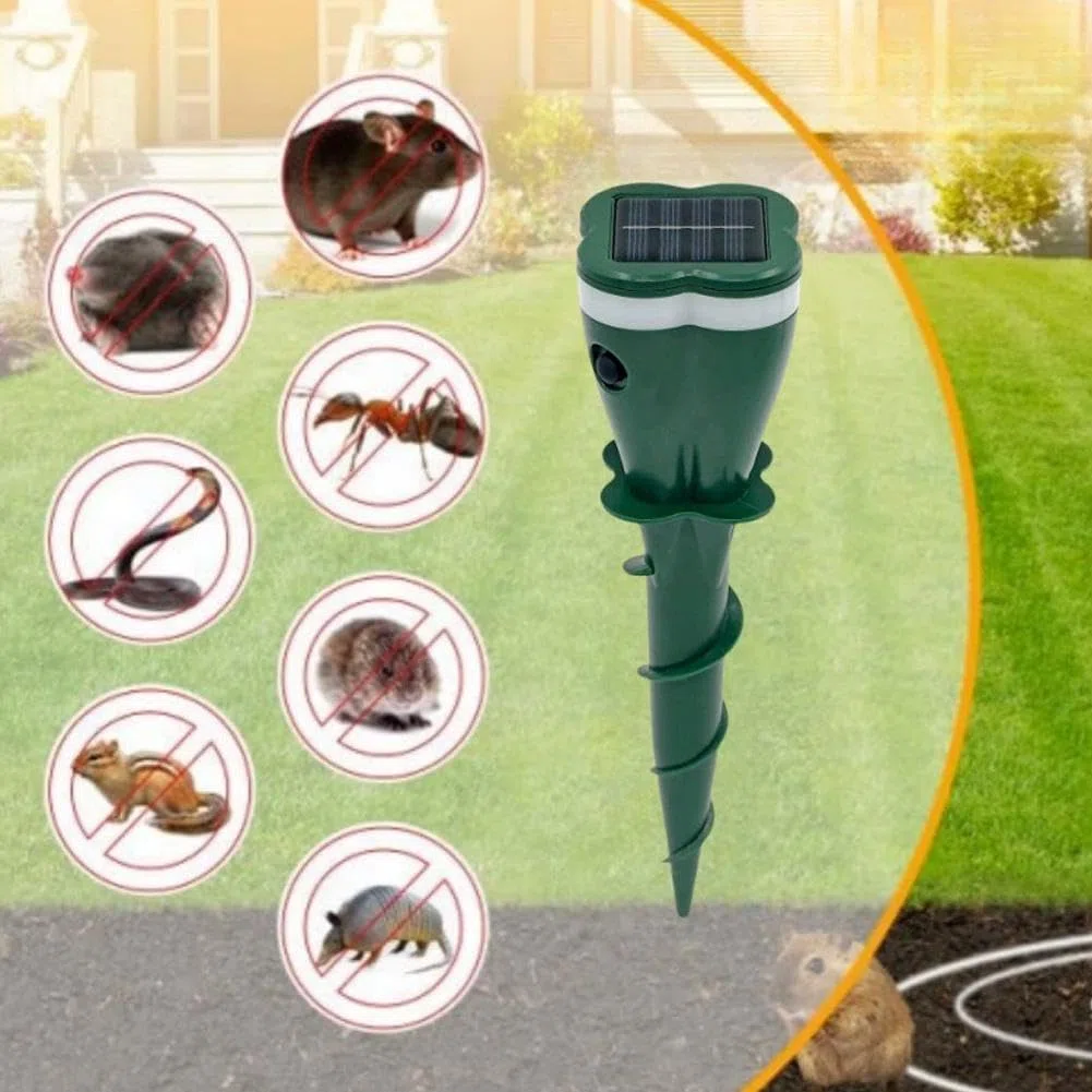 Pali ad ultrasuoni ad energia solare per prato, asta vibrante con design filettato, dispositivo impermeabile per animali da esterno per talpa, arvicola, gopher, serpente, puzzola, marmotta, protezione
