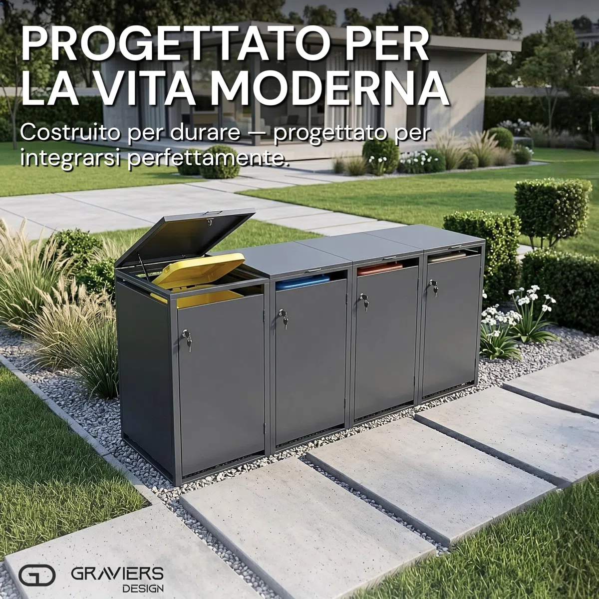 Ghiaiers - Set di 4 copribidoni fino a 240 litri, struttura in acciaio di alta qualità, bloccabile, resistente alle intemperie ed espandibile in modo modulare