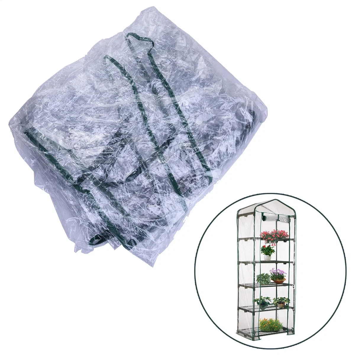 Copertura per serra a 5 ripiani in PVC resistente alle intemperie, 69 x 49 x 187 cm, copertura di ricambio per serra da giardino, facile da montare, senza attrezzi, in PVC trasparente, verde, per