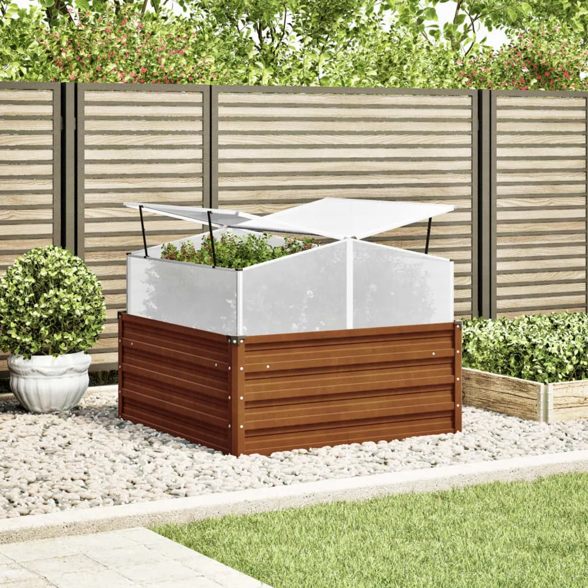 Geecher Fioriera da Giardino con Serra, per Coltivazione Indoor e Outdoor, 100x100x77 cm, in Acciaio corten e Alluminio con Pannello PC, per orto Domestico e Giardinaggio hobbistico
