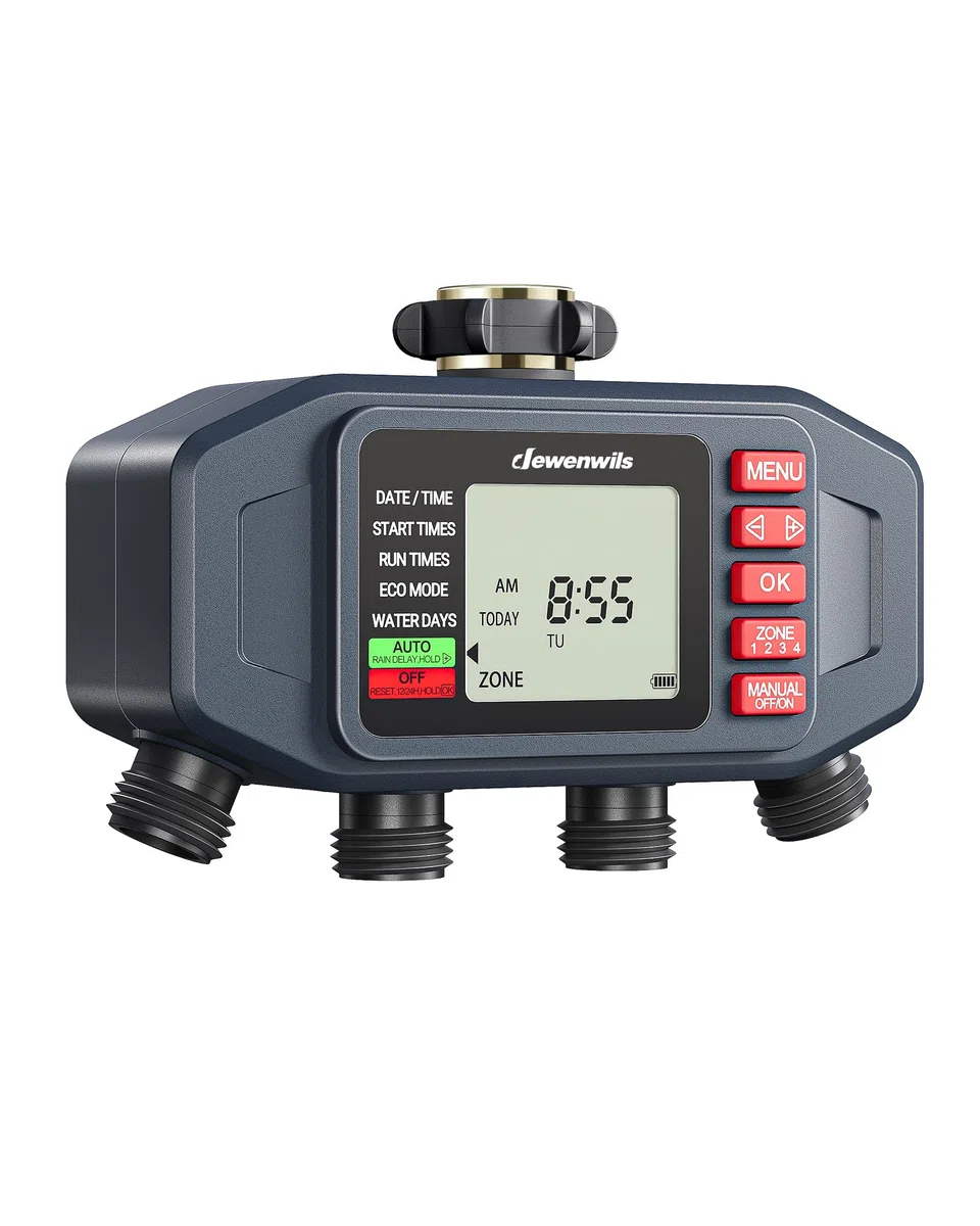 DEWENWlLS - Timer irrigatore a 4 zone, per rubinetto esterno, ritardo pioggia e manuale, timer programmabile per tubo dell'acqua, per vacanze, giardino, prato, orto, fiori in vaso