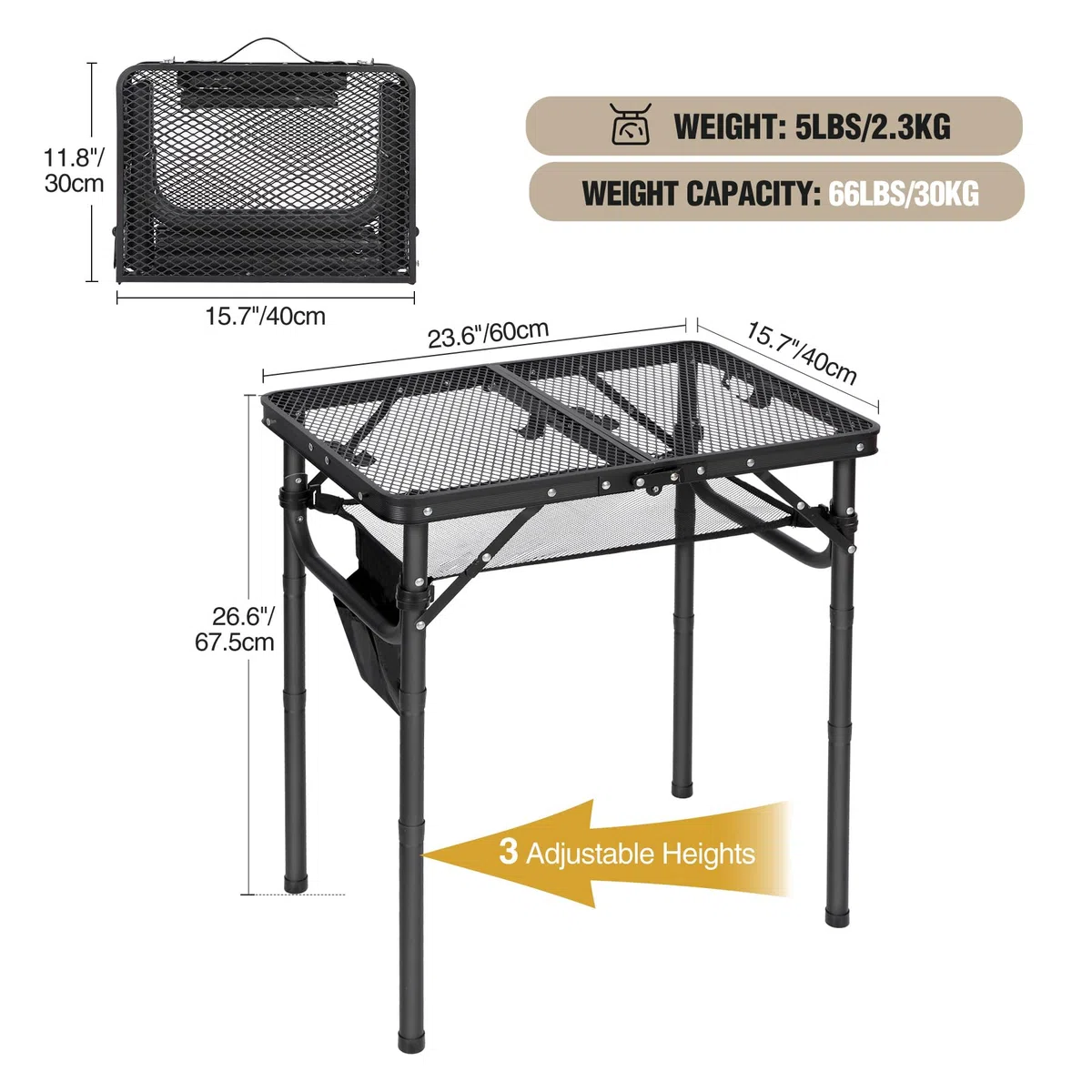 REDCAMP Tavolo da barbecue portatile con scrivania in rete, 60 x 40cm Tavolo da campeggio pieghevole leggero per cucinare in campeggio BBQ RV Picnic, facile da montare con scavate regolabili, nero