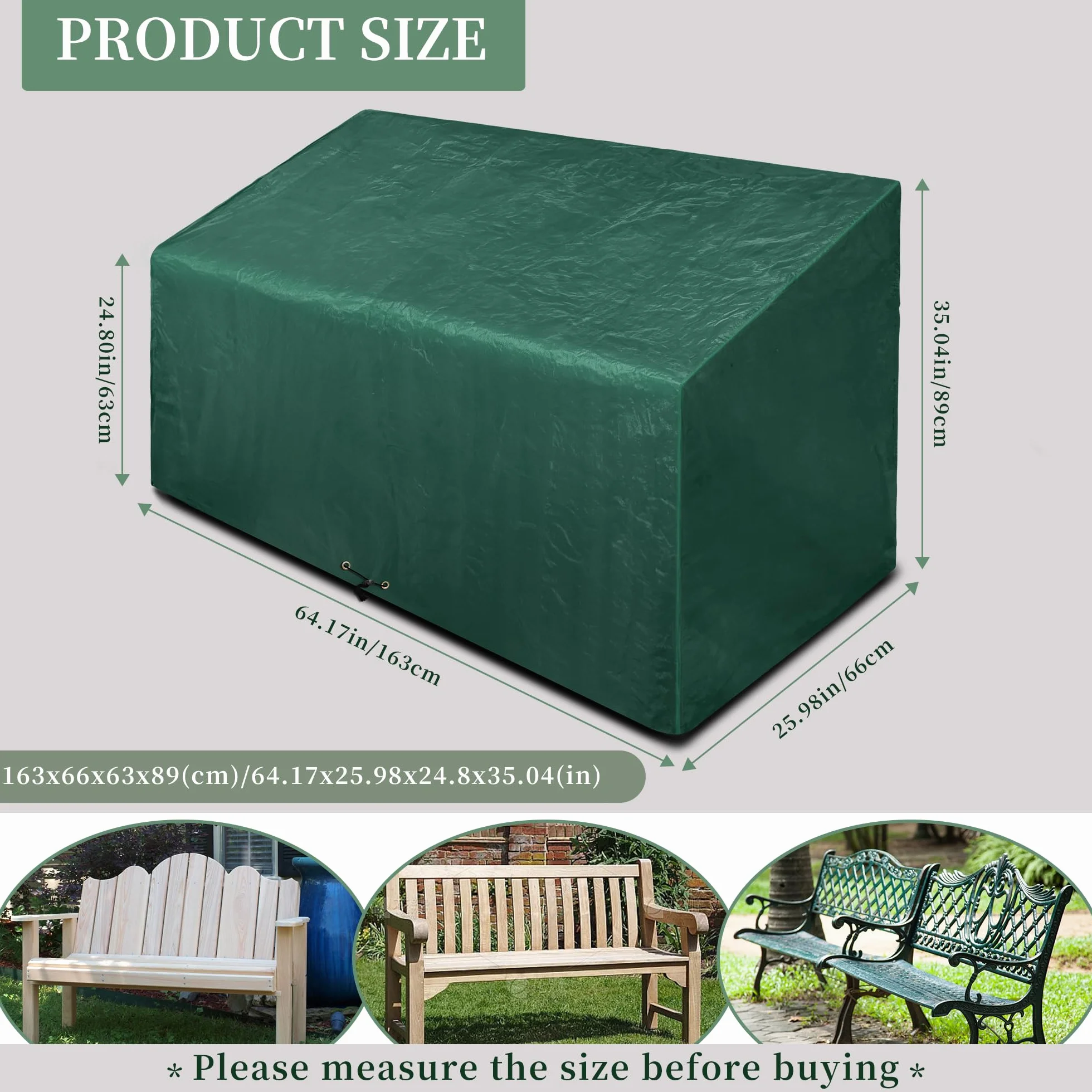 Copertura impermeabile per panca da giardino a 3 posti, 163 x 66 x 63/89 cm, antivento, protezione UV, per mobili da giardino esterni, con coulisse
