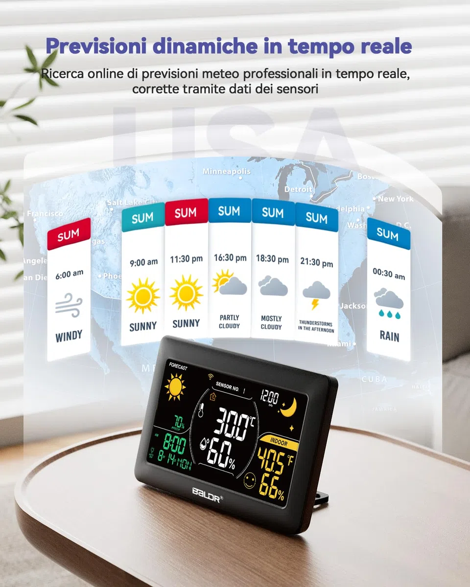 Stazione meteo WiFi con APP, display a colori da 7,5 pollici, stazione meteo wireless con 3 sensori wireless, stazione meteo wireless per interni ed esterni con previsioni Internet in tempo reale