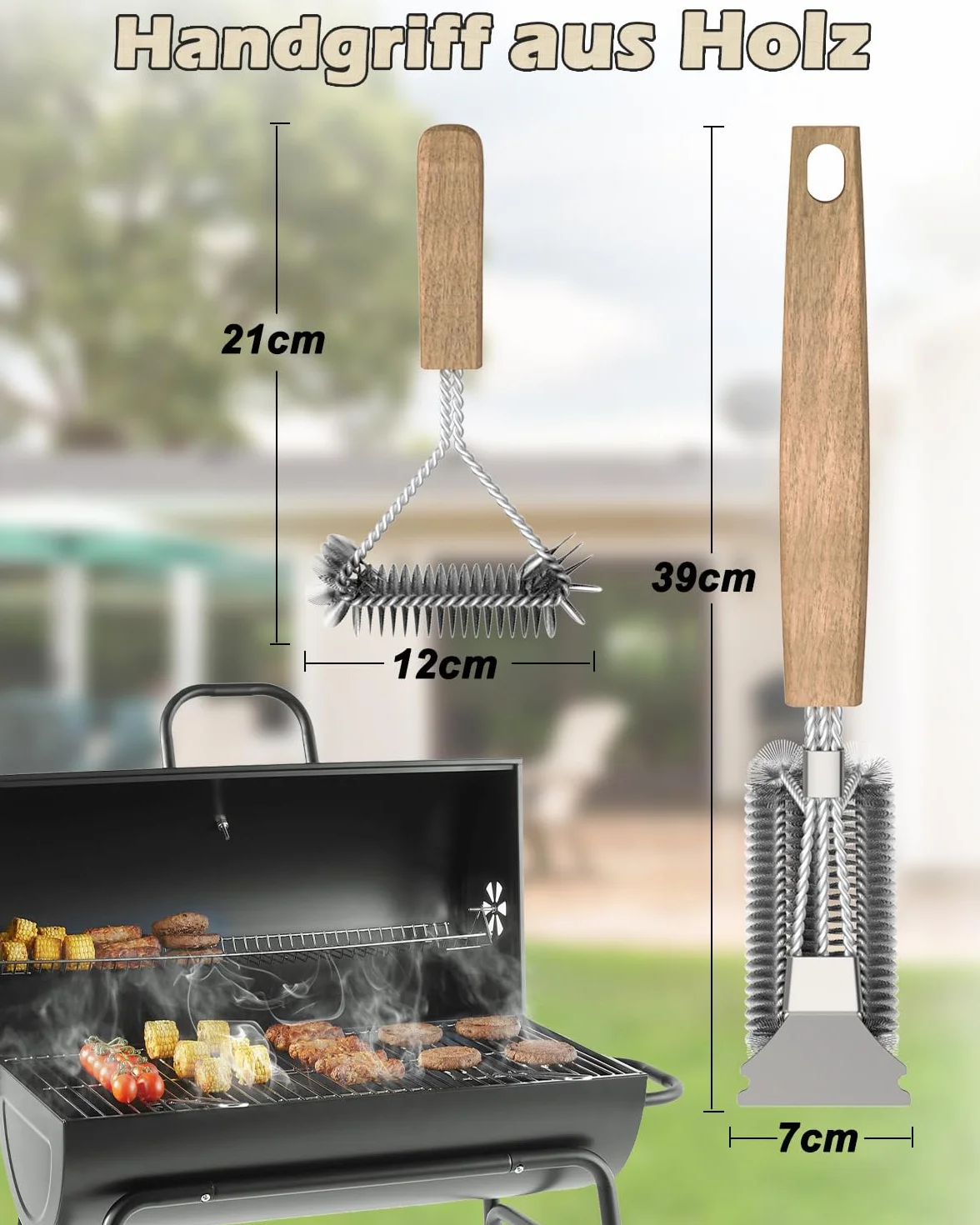 HAZENS - Spazzola per la pulizia del barbecue (2 pezzi), con manico in legno, spazzola per barbecue da 39 cm, con raschietto in acciaio inox, setole fitte in acciaio inox, triangolare, spazzola