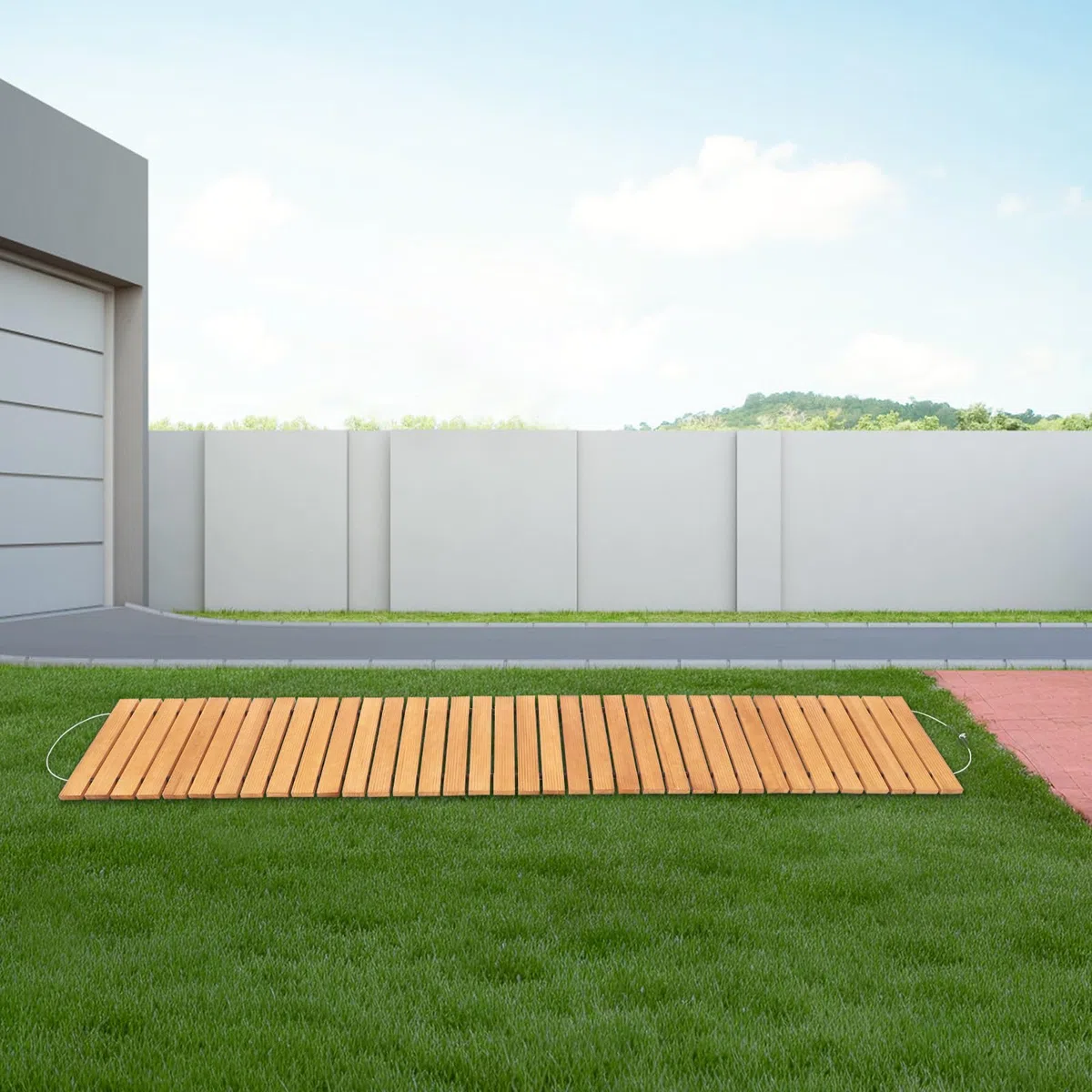 Vialetto da giardino in legno, arrotolabile, per il giardino | 243 x 43 cm, gradino in legno, per giardino, cortile, terrazza, pavimento