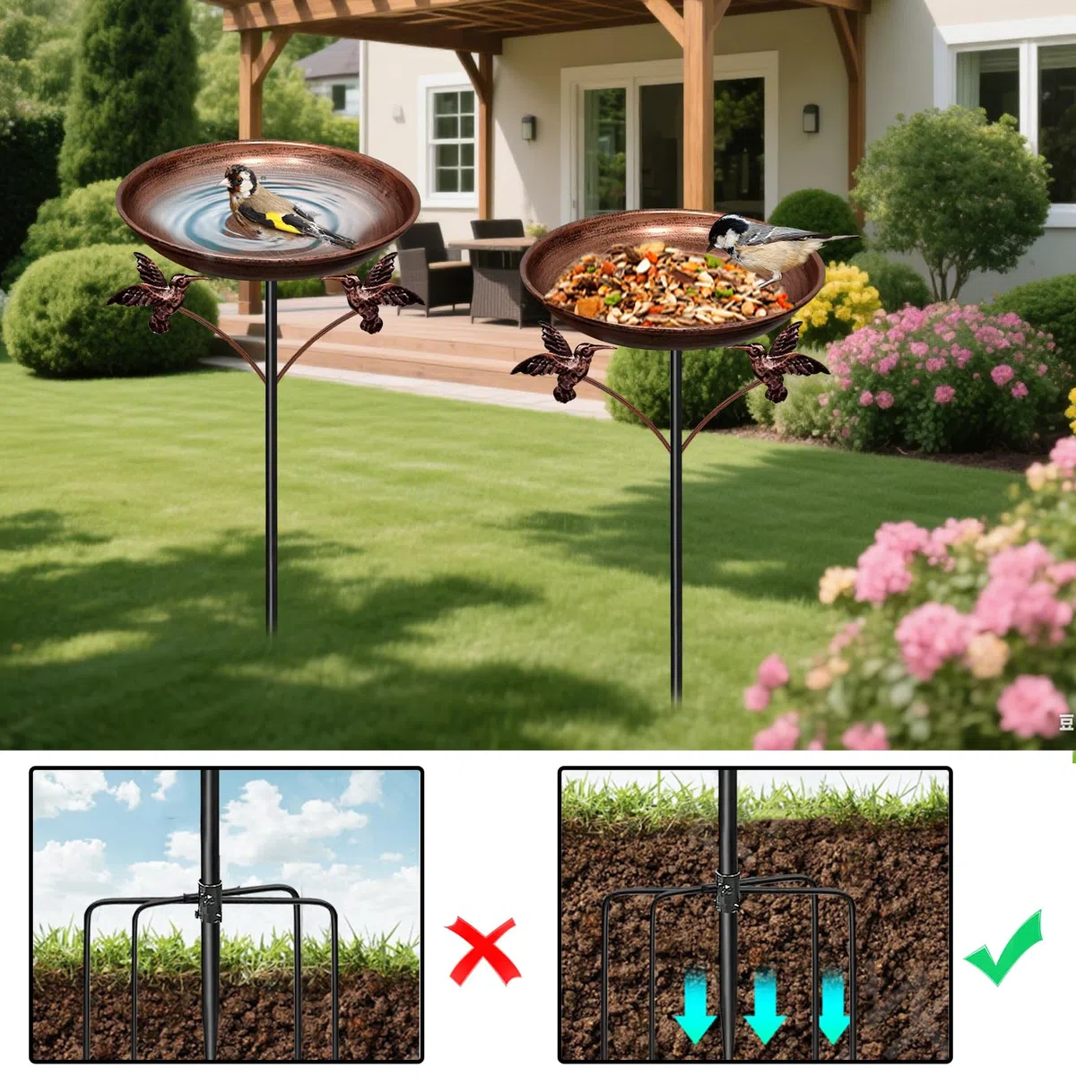 BAIFULAI Abbeveratoio per uccelli in piedi: 25 cm, piccola vasca per uccelli per esterni, in bronzo antico, per esterni, giardino, antica abbeveratoio per uccelli