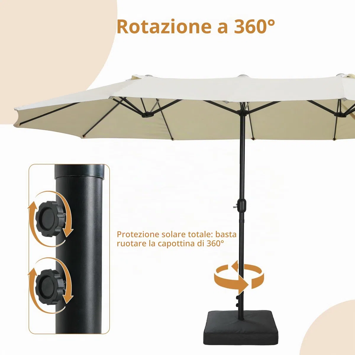VOWNER Ombrellone da Giardino, Doppio da Patio Rettangolare, con Sistema di Apertura e Chiusura Manovella, con Base & Manovella, 4,4 x 2,6 m, per Giardino, Esterno, Beige