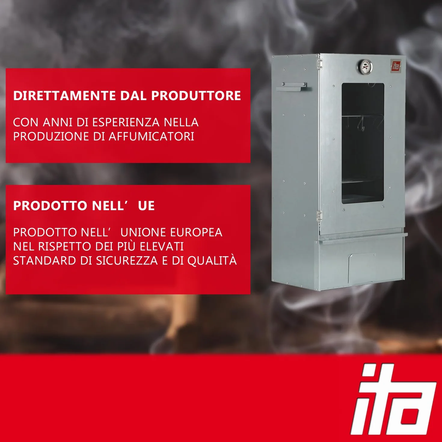 ITA Fumoir Électrique 7002 - Set Affumicatore con Riscaldamento, Tavolo, Generatore di Fumo - Armadio per Affumicatura con Finestra e Termometro - Acciaio Inox - Qualità UE - 81 cm con 3 Livelli