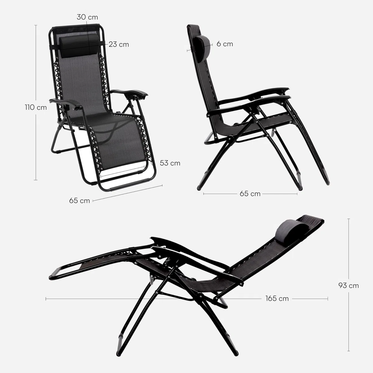 Baroni Home Sedia Sdraio Zero Gravity da Giardino, Chaise Longue Pieghevole da Esterno, Sdraio Salvaspazio per Piscina e Terrazzo, Poltrona Relax, 165x65x93 cm Nero