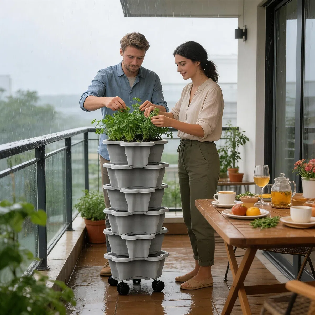 Torre Impilabile A 6 Livelli Con Ruote Per Piantare Fragole, Torre Per Piante Da Interno, Torri Verticali Impilabili Per Il Giardinaggio Rialzato In Casa Sul Balcone In Giardino Nel Patio O Sotto