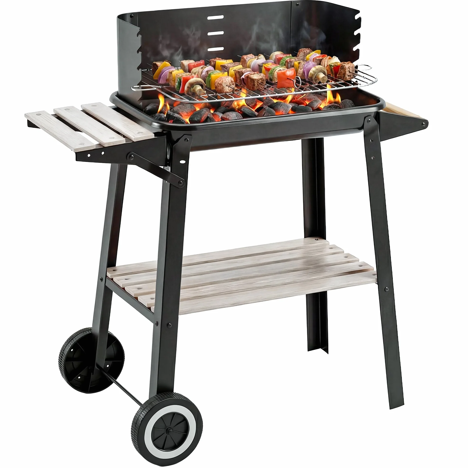Outsunny Griglia a Carbone Barbecue BBQ Carrello Grill per Picnic con Ruote da Balcone Giardino in Ferro e Legno 83 × 37 × 87 cm Nero