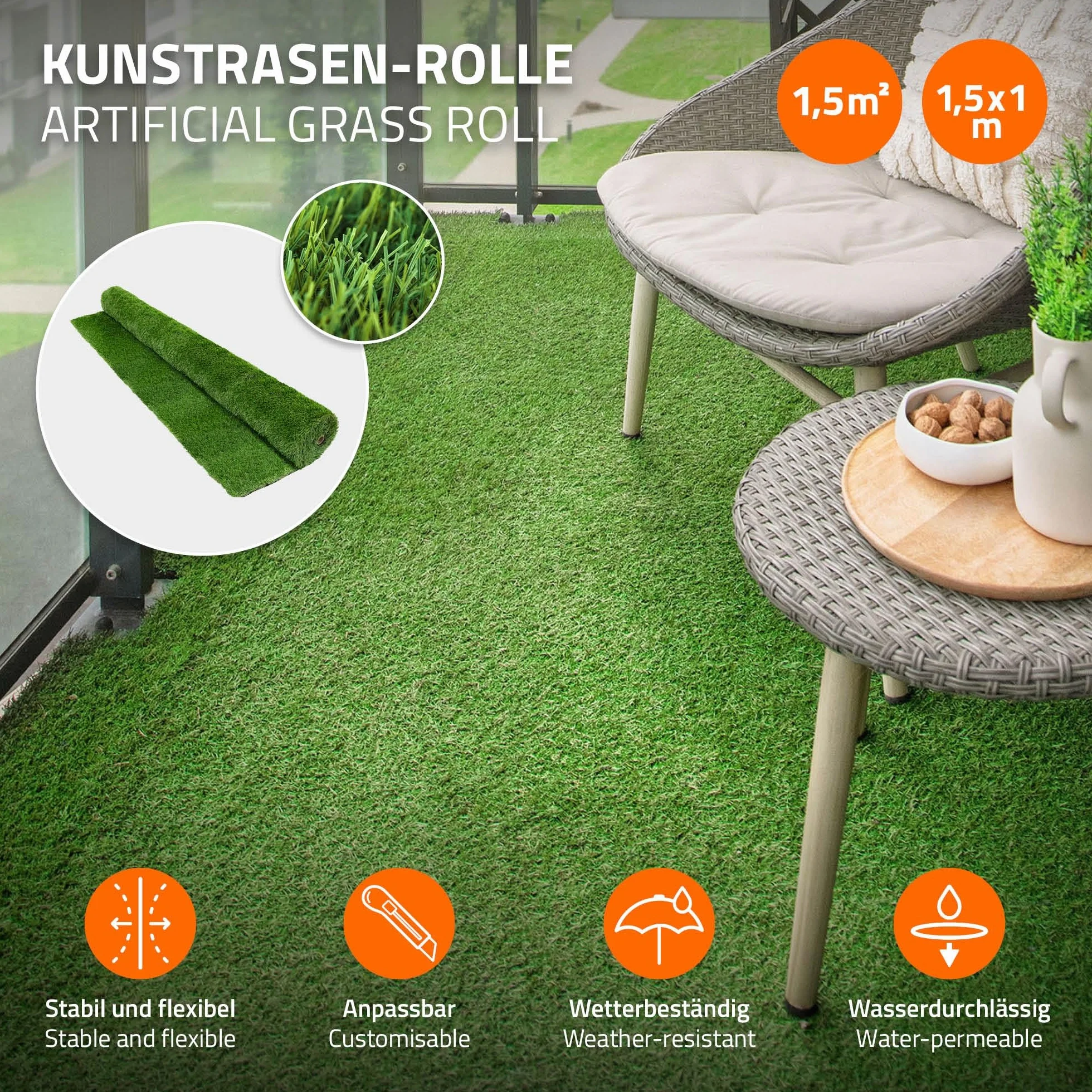 ECD Germany Rotolo Erba Sintetica 150x100 cm 1,5m² Verde, Tappeto Erba Artificiale Altezza 18 mm, Prato Finto Outdoor, Permeabile all’Acqua e Resistente ai Raggi UV, per Balcone Terrazza e Giardino