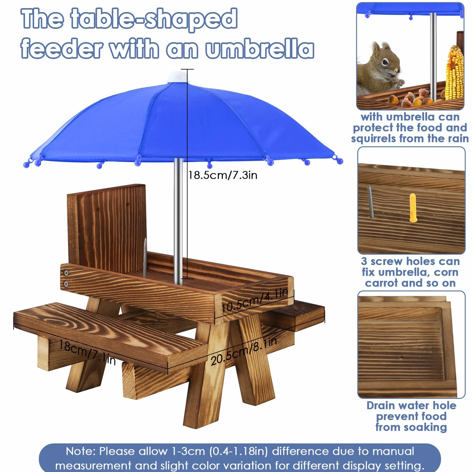 Mangiatoia per scoiattoli, mangiatoia per scoiattoli, in legno, divertente, per scoiattoli, uccelli, scoiattoli, con ombrello, per giardino, cortile, albero