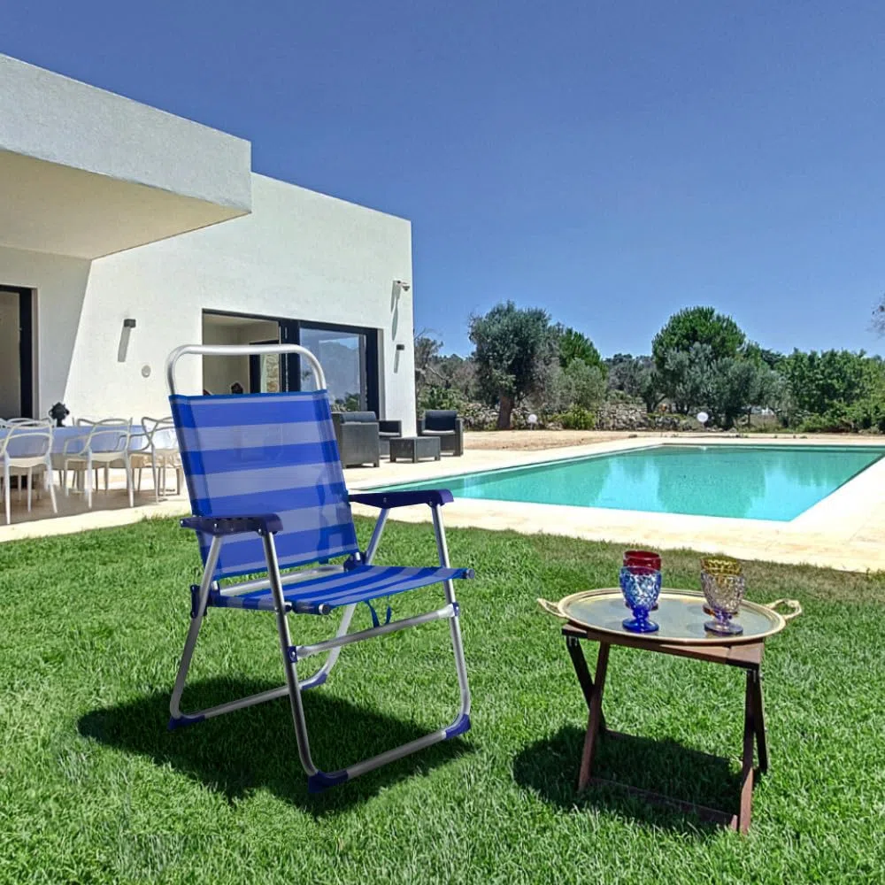Mediawave Store - Sedia Sdraio Spiaggina Relax in Alluminio e Textilene. Prendisole Richiudibile e Leggero Ideale per Mare, Spiaggia e Giardino (Blu a righe)