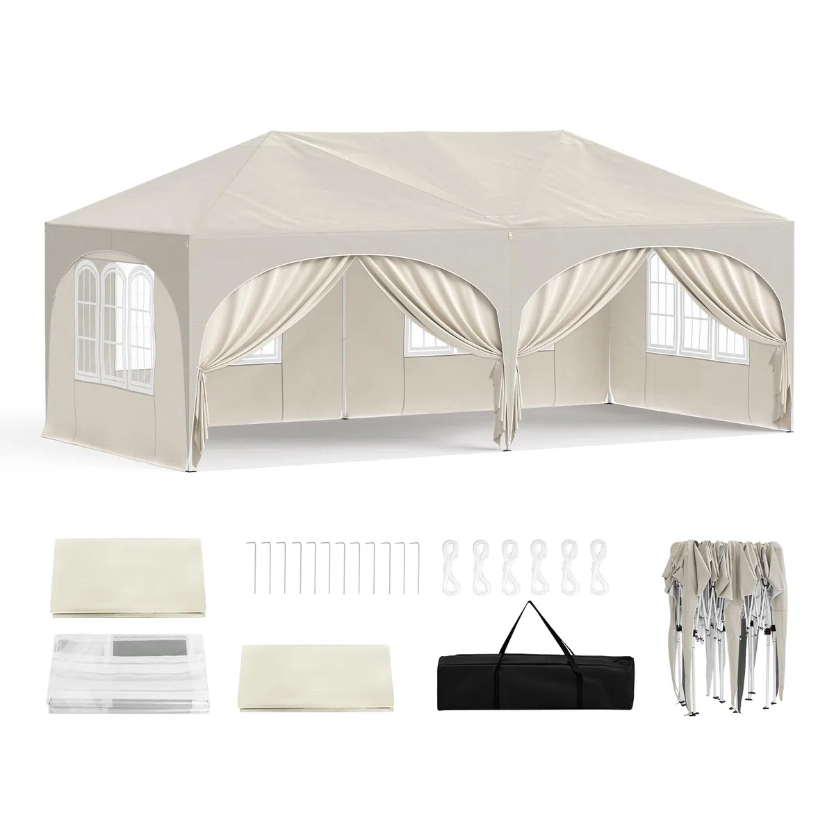 WOLTU Gazebo Pieghevole da Giardino, Gazebo Idrorepellente Pop Up da 3x6m Pannelli Laterali, Tendone Esterno, Altezza Regolabile, Protezione UV, con Custodia Beige