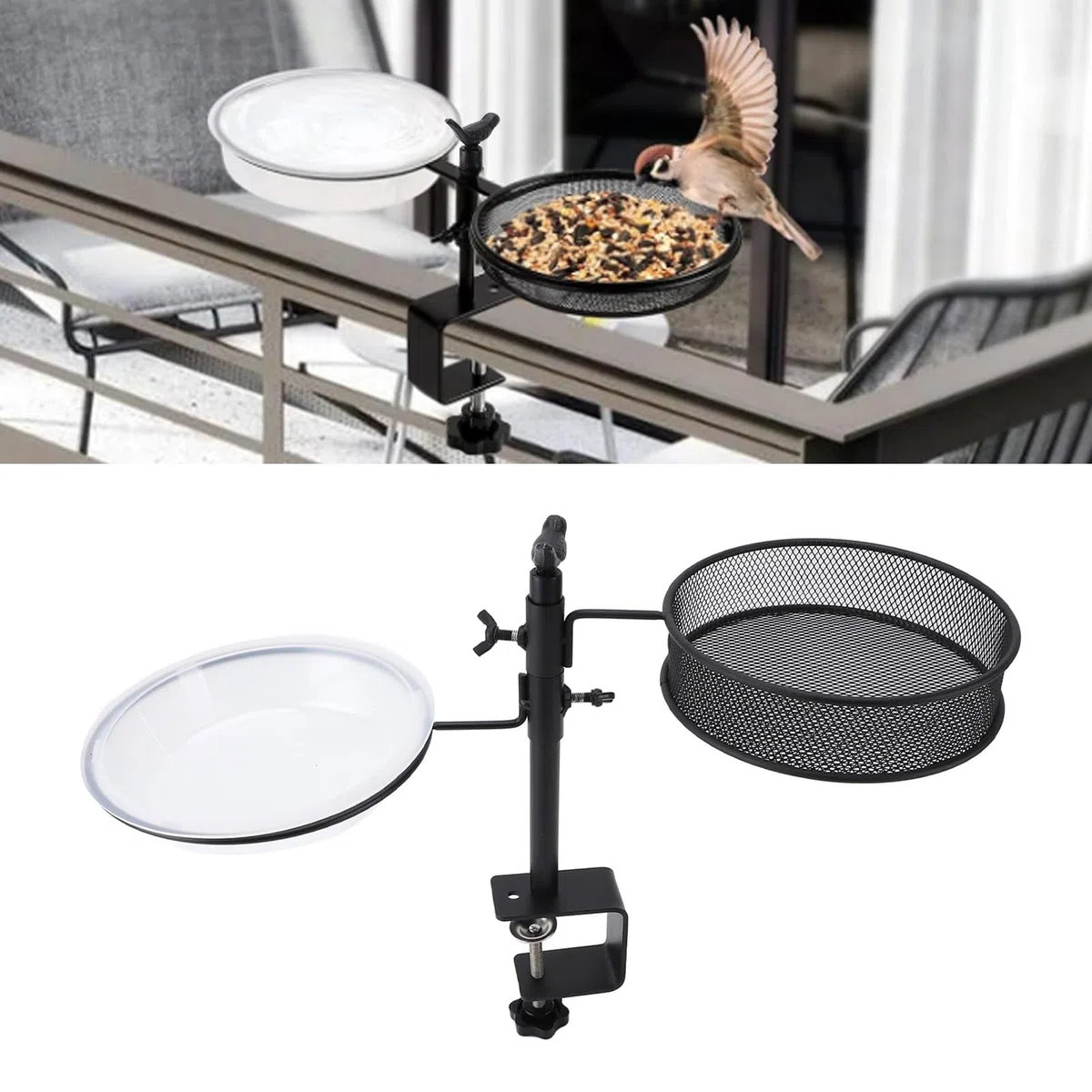 Mangiatoia per uccelli da terrazzo con vassoio a rete, vasca e mangiatoia per uccelli montate sul terrazzo, mangiatoia per uccelli con staffa regolabile per la decorazione di balco