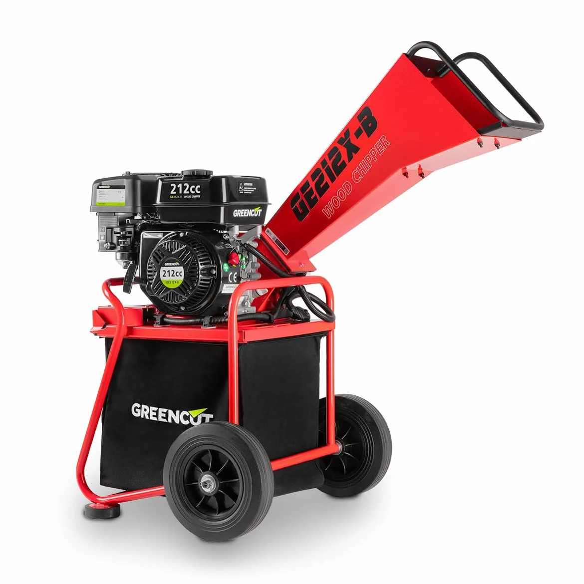 GREENCUT GE212X-B - Trituratore a benzina 212cc 7cv, tritura rami fino a 50 mm, include sacco da 64 L, con ruote e maniglia per il trasporto, rosso