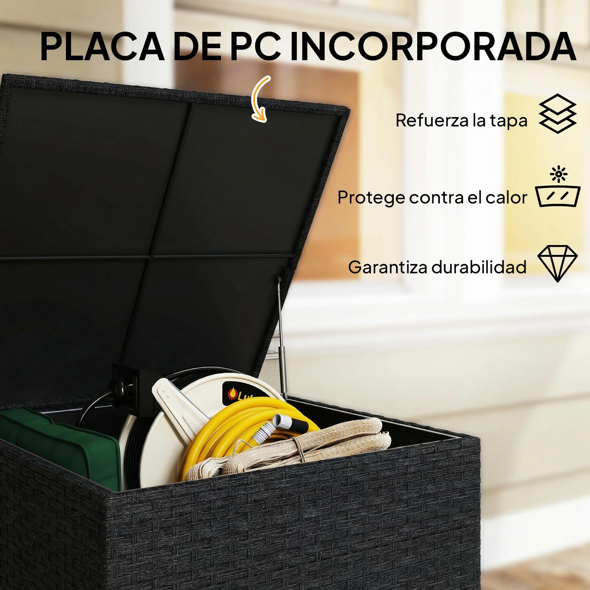 Outsunny Baule portaoggetti esterno in rattan sintetico, 253 l, con asta idraulica, fodera con cerniera e telaio in acciaio, carico 50 kg, per giardino, terrazza, 72 x 72 x 70 cm, nero