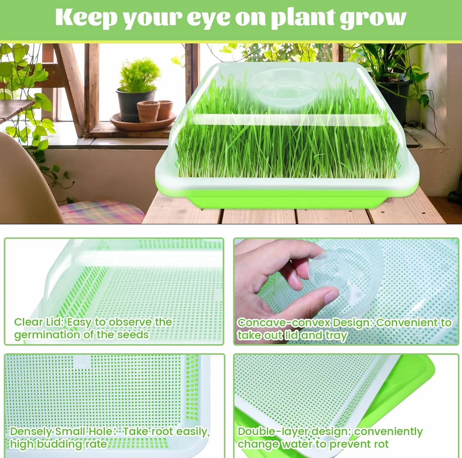 KAHEIGN 4 Pezzi Vassoi per Germinazione dei Semi con Coperchio, 32cm x 26cm Vassoio di Germinazione di Grande Capacità Propagatore Idroponico Sano Senza BPA con 24 Carte per Piantare per Coltivazione