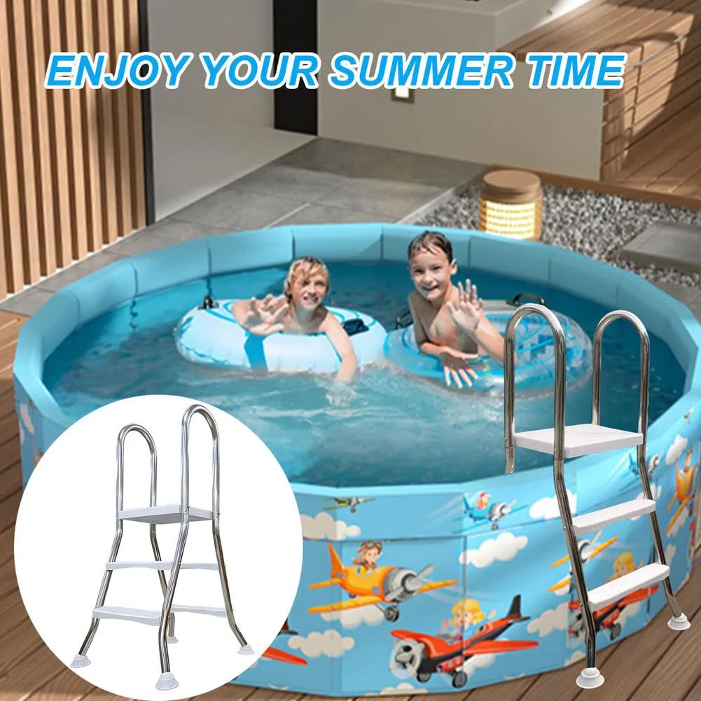 Scala per piscina fuori terra, telaio in acciaio inox resistente a 2 gradini per pareti da 83,8 cm, ingresso e uscita antiscivolo con piedini rotanti, 85 cm