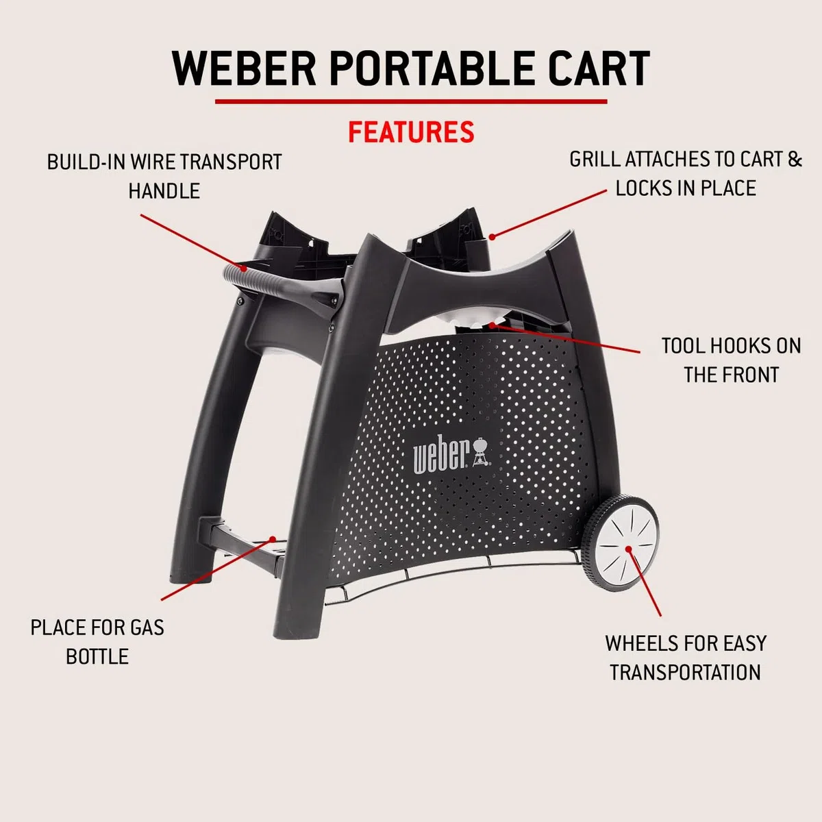 Weber Carrello Q | supporto con ruote per BBQ a gas serie Q 2000, ganci attrezzi, maniglia, vano accessori, 75,5x91x58 cm