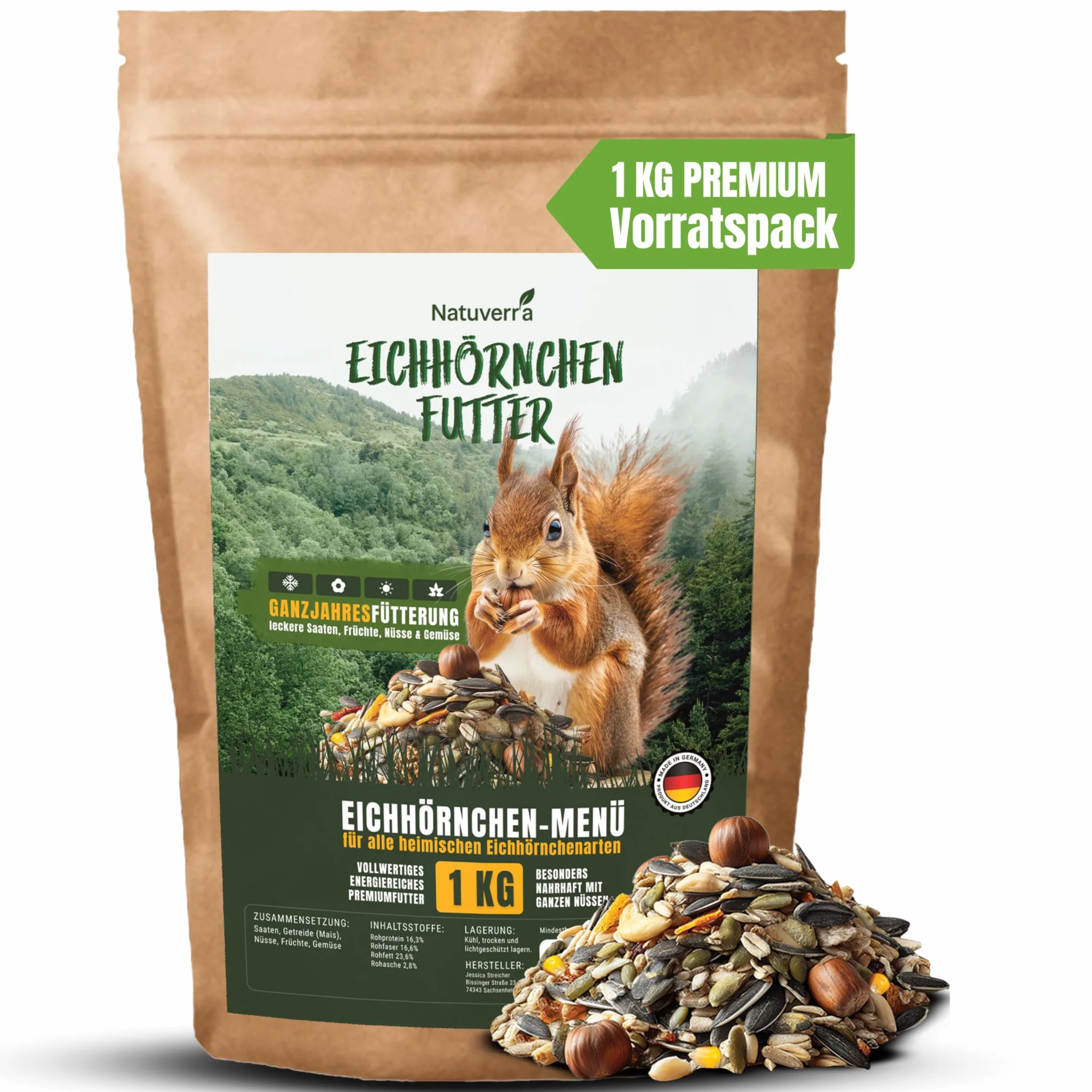 Menù per scoiattolo, 1 kg, mix premium di semi, cereali, noci, frutta e verdura, ricco di proteine ed energia, cibo tutto l'anno per scoiattoli e scoiattoli, richiudibile