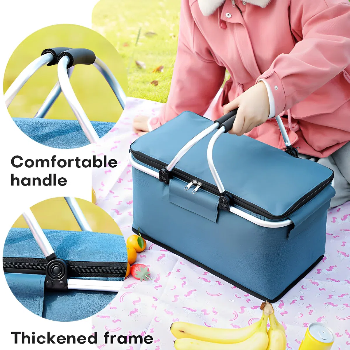 Cestino per la spesa, 20 l, pieghevole, per la famiglia, borsa per la spesa, isolante, per conservare il calore, con manici imbottiti, per viaggio/picnic/shopping (blu)