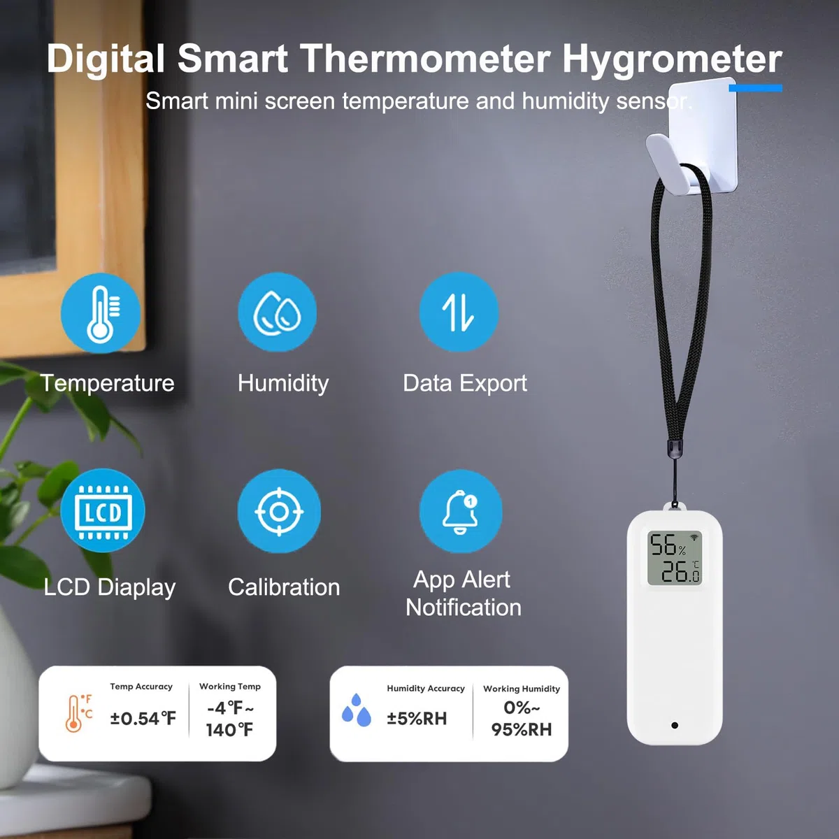 Termometro Igrometro Intelligente Digitale, Sensore di Temperatura e Umidità WiFi con Fodera Magnetica Autoadesiva, Sensore di Temperatura di Calibrazione con Notifiche dell'App.Compatibile Alexa.2PCS