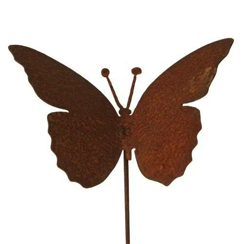 Decorazione da giardino in metallo con asta, effetto arrugginito, figura di animale, farfalla, lunghezza 100 cm